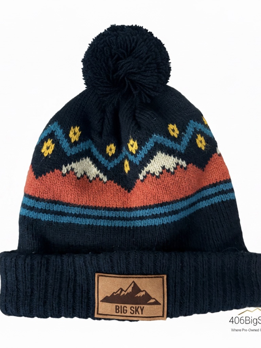 Locale Navy Knit Pom Beanie with Rust, Teal, Yellow & Cream Pattern